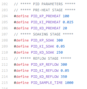 A portion of code showing the adjustment of the PID controller coefficients. 