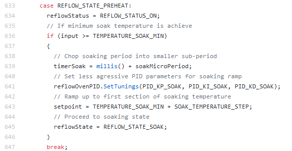 A portion of the controller code showing the preheat stage state machine. 