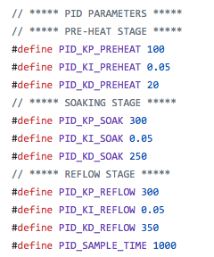 A portion of code showing the adjustment of the PID controller coefficients - PID_KI_PREHEAT was increased from 0.025 to 0.05.